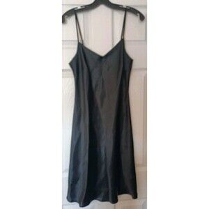 Vtg  Satin Full Slip Dress Black Size 6 V Neck Bias Cut Whimsigoth Fairy Vamp